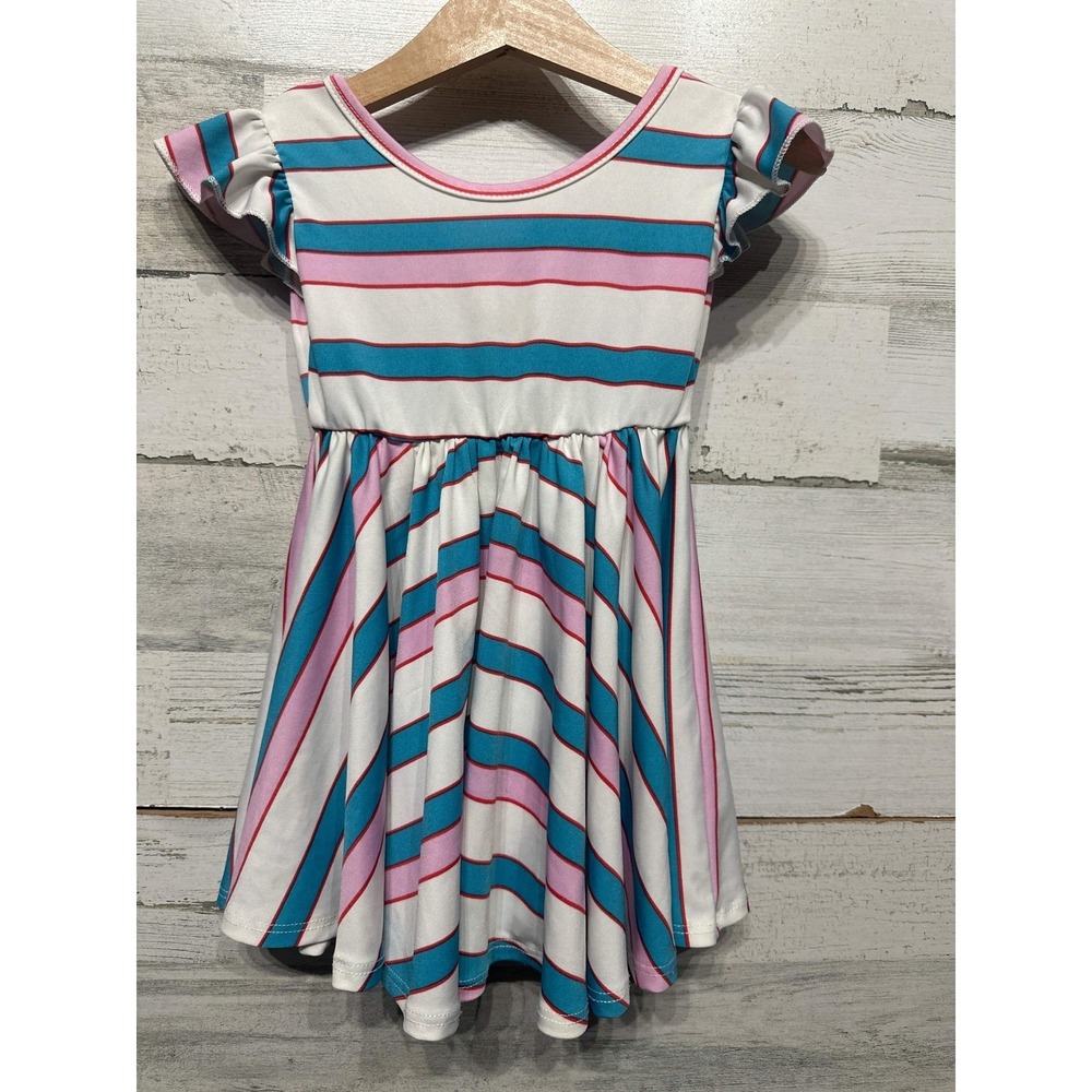 Dot Dot Smile Twirl Dress Girls 12/24M Pink Teal Striped Flutter Sleeve